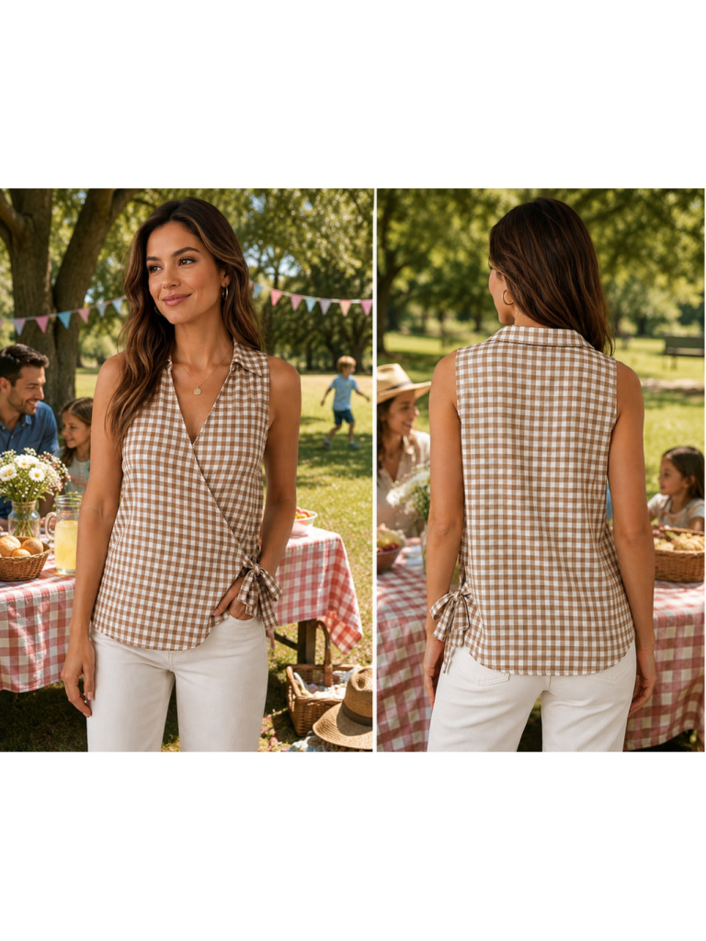 Women's Coldwater Creek Gingham Wrap Blouse, Size L, Beige and White